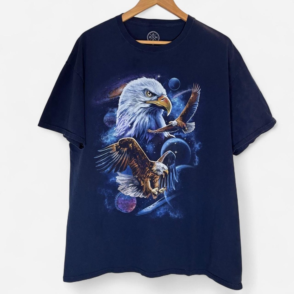 Art Shirt Bald Eagle Space Full Print Blue Short Sleeve Adult XL Crew Tshirt
